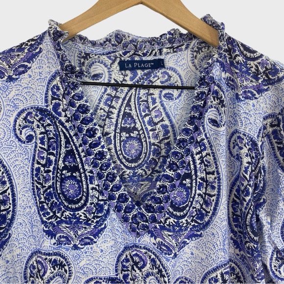 La Plage Blue White Paisley Ruffle Neckline Dress with Pockets Size Large - Picture 3 of 8